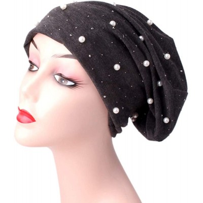 Skullies & Beanies Women Beading Pearls Ruffle Hat Cancer Chemo Beanie Scarf Turban Wrap Cap - Gray - C418QZR8LWY $10.45