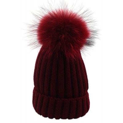 Skullies & Beanies Womens Girls Knitted Fur Hat Real Large Silver Fox Fur Pom Pom Beanie Hats - Wine Wine Pom - CX18MH9MXA7 $...