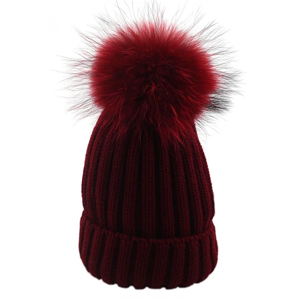 Skullies & Beanies Womens Girls Knitted Fur Hat Real Large Silver Fox Fur Pom Pom Beanie Hats - Wine Wine Pom - CX18MH9MXA7 $...