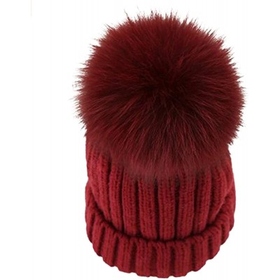 Skullies & Beanies Womens Girls Knitted Fur Hat Real Large Silver Fox Fur Pom Pom Beanie Hats - Wine Wine Pom - CX18MH9MXA7 $...