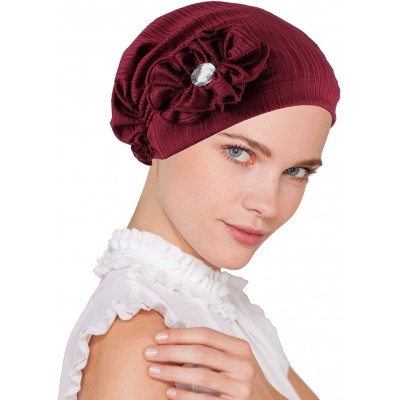 Skullies & Beanies Josie Turban Chemo Cancer Hat Scarf with Rhinestone Flower - 05 - Polyester Ribbed Burgundy Red - CQ18Q0AR...