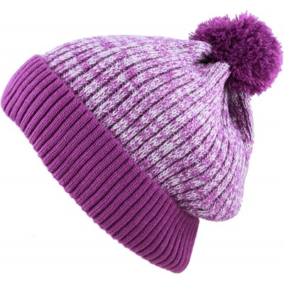 Skullies & Beanies Exclusive Ribbed Knit Warm Fuzzy Thick Fleece Lined Winter Skull Beanie - Purple With Pom - CH18KC0XHHY $9.22