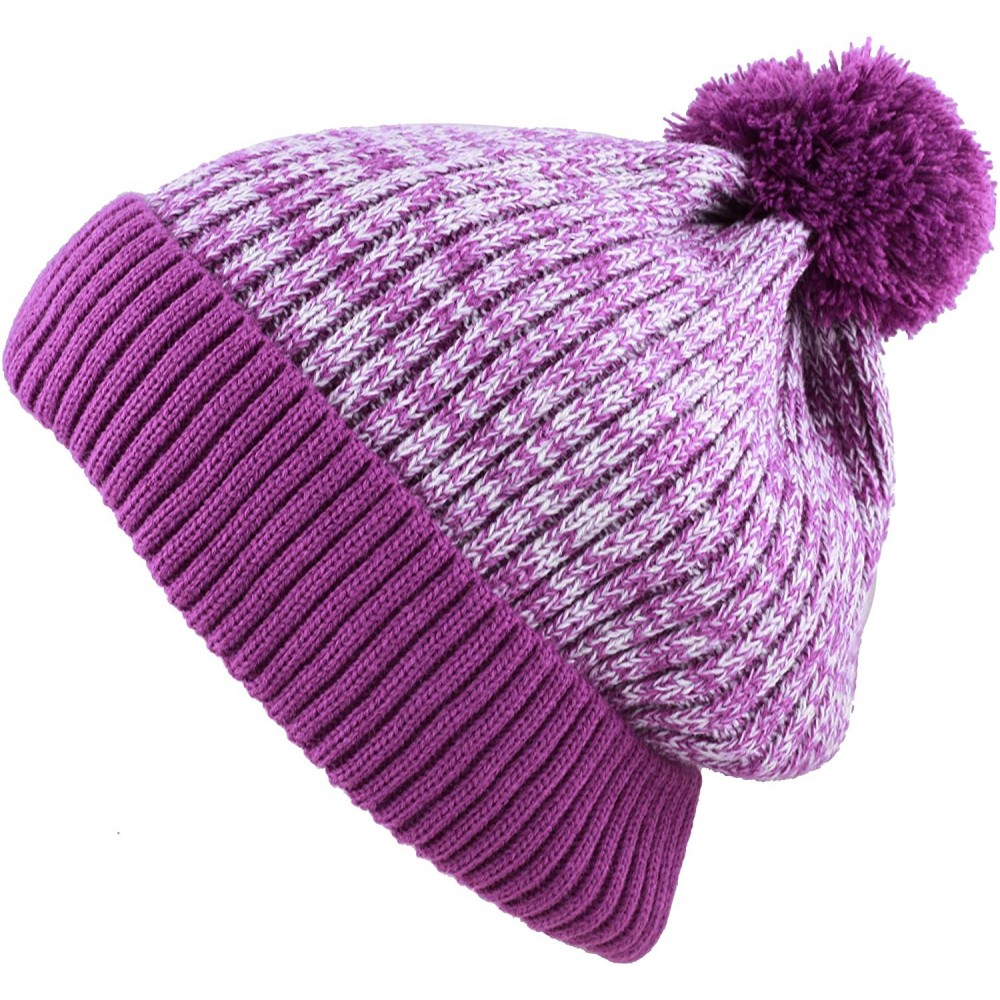 Skullies & Beanies Exclusive Ribbed Knit Warm Fuzzy Thick Fleece Lined Winter Skull Beanie - Purple With Pom - CH18KC0XHHY $9.22