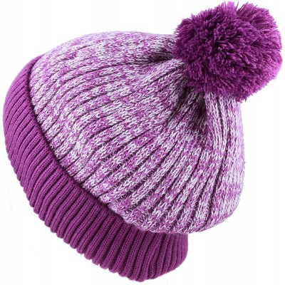 Skullies & Beanies Exclusive Ribbed Knit Warm Fuzzy Thick Fleece Lined Winter Skull Beanie - Purple With Pom - CH18KC0XHHY $9.22