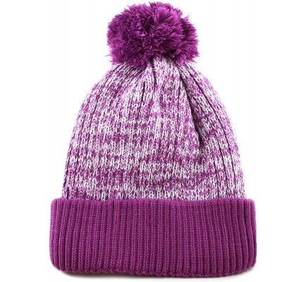 Skullies & Beanies Exclusive Ribbed Knit Warm Fuzzy Thick Fleece Lined Winter Skull Beanie - Purple With Pom - CH18KC0XHHY $9.22