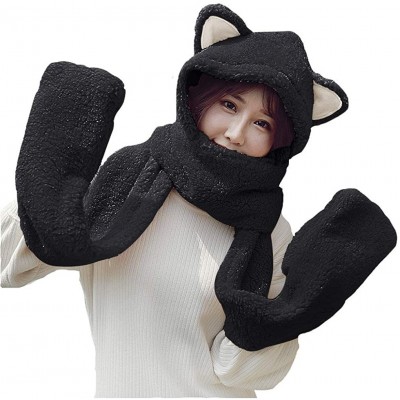 Cold Weather Headbands Women Girls Cute Panda Animal Winter Hats 3 in 1 Warm Plush Hoodie Cap Paw Gloves Mitten Scarf Set - B...