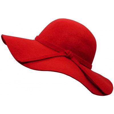 Fedoras Women's Wide Brim Wool Ribbon Band Floppy Hat - Red - CZ11N7Q03YT $23.69