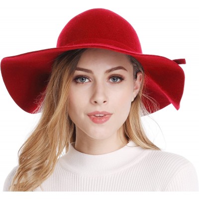 Fedoras Women's Wide Brim Wool Ribbon Band Floppy Hat - Red - CZ11N7Q03YT $23.69