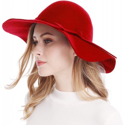 Fedoras Women's Wide Brim Wool Ribbon Band Floppy Hat - Red - CZ11N7Q03YT $23.69