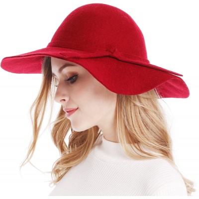 Fedoras Women's Wide Brim Wool Ribbon Band Floppy Hat - Red - CZ11N7Q03YT $23.69