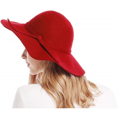 Fedoras Women's Wide Brim Wool Ribbon Band Floppy Hat - Red - CZ11N7Q03YT $23.69