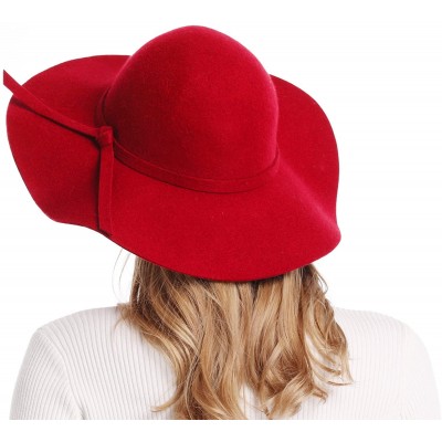 Fedoras Women's Wide Brim Wool Ribbon Band Floppy Hat - Red - CZ11N7Q03YT $23.69