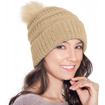 Skullies & Beanies Fur Pom Pom Beanie for Women Hat Winter Knit Wool Hats Warrm Soft Skull ski Cap - Khaki - C518XEO8DLI $9.07