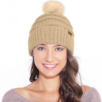 Skullies & Beanies Fur Pom Pom Beanie for Women Hat Winter Knit Wool Hats Warrm Soft Skull ski Cap - Khaki - C518XEO8DLI $9.07