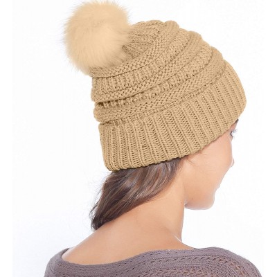 Skullies & Beanies Fur Pom Pom Beanie for Women Hat Winter Knit Wool Hats Warrm Soft Skull ski Cap - Khaki - C518XEO8DLI $9.07