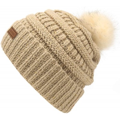 Skullies & Beanies Fur Pom Pom Beanie for Women Hat Winter Knit Wool Hats Warrm Soft Skull ski Cap - Khaki - C518XEO8DLI $9.07