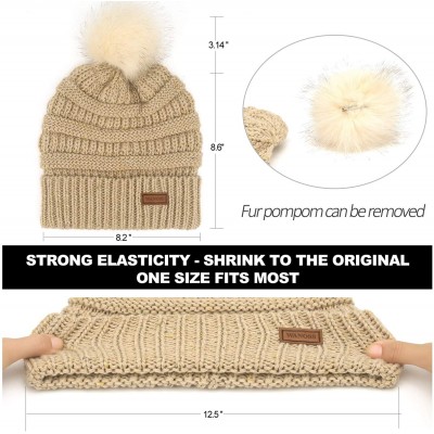 Skullies & Beanies Fur Pom Pom Beanie for Women Hat Winter Knit Wool Hats Warrm Soft Skull ski Cap - Khaki - C518XEO8DLI $9.07