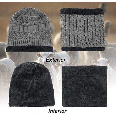 Skullies & Beanies 2-Pieces Winter Beanie Hat Scarf Set Warm Knit Hat Thick Fleece Lined Skull Cap for Men Women - Grey - CV1...