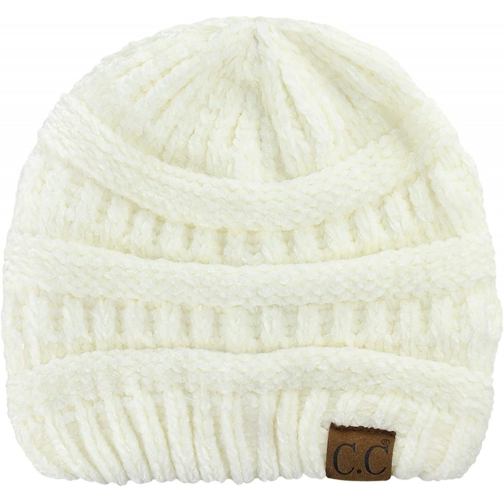Skullies & Beanies Women's Chenille Soft Warm Thick Knit Beanie Cap Hat - Ivory - CD18IQHUQ54 $14.34