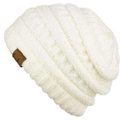 Skullies & Beanies Women's Chenille Soft Warm Thick Knit Beanie Cap Hat - Ivory - CD18IQHUQ54 $14.34