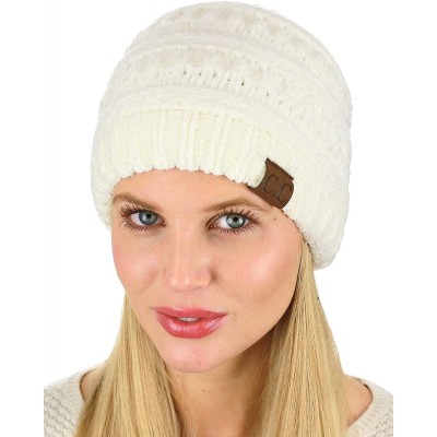 Skullies & Beanies Women's Chenille Soft Warm Thick Knit Beanie Cap Hat - Ivory - CD18IQHUQ54 $14.34