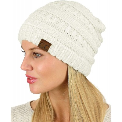 Skullies & Beanies Women's Chenille Soft Warm Thick Knit Beanie Cap Hat - Ivory - CD18IQHUQ54 $14.34