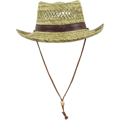 Sun Hats Classic Straw Flat Top Gambler Sun Hat w/ Vegan Leather and Chin Strap - Brown Trim - C511ULXBAFB $14.88