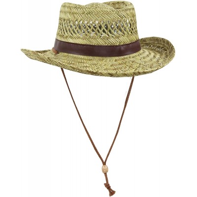 Sun Hats Classic Straw Flat Top Gambler Sun Hat w/ Vegan Leather and Chin Strap - Brown Trim - C511ULXBAFB $14.88