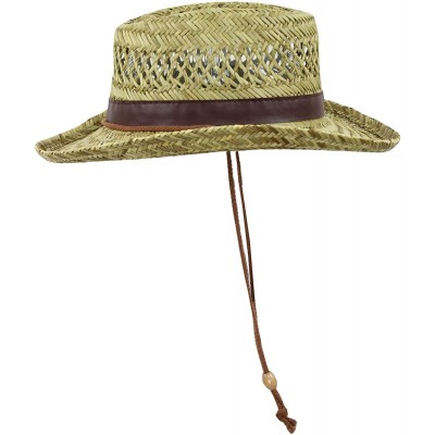 Sun Hats Classic Straw Flat Top Gambler Sun Hat w/ Vegan Leather and Chin Strap - Brown Trim - C511ULXBAFB $14.88