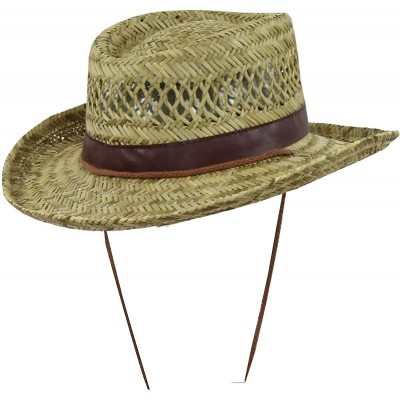 Sun Hats Classic Straw Flat Top Gambler Sun Hat w/ Vegan Leather and Chin Strap - Brown Trim - C511ULXBAFB $14.88