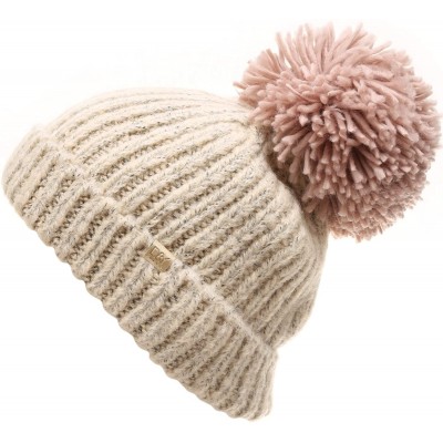 Skullies & Beanies Women's Winter Ribbed Knit Soft Warm Chunky Stretchy Beanie hat with 5" Large Pom Pom - Beige/ Rusty Pink ...