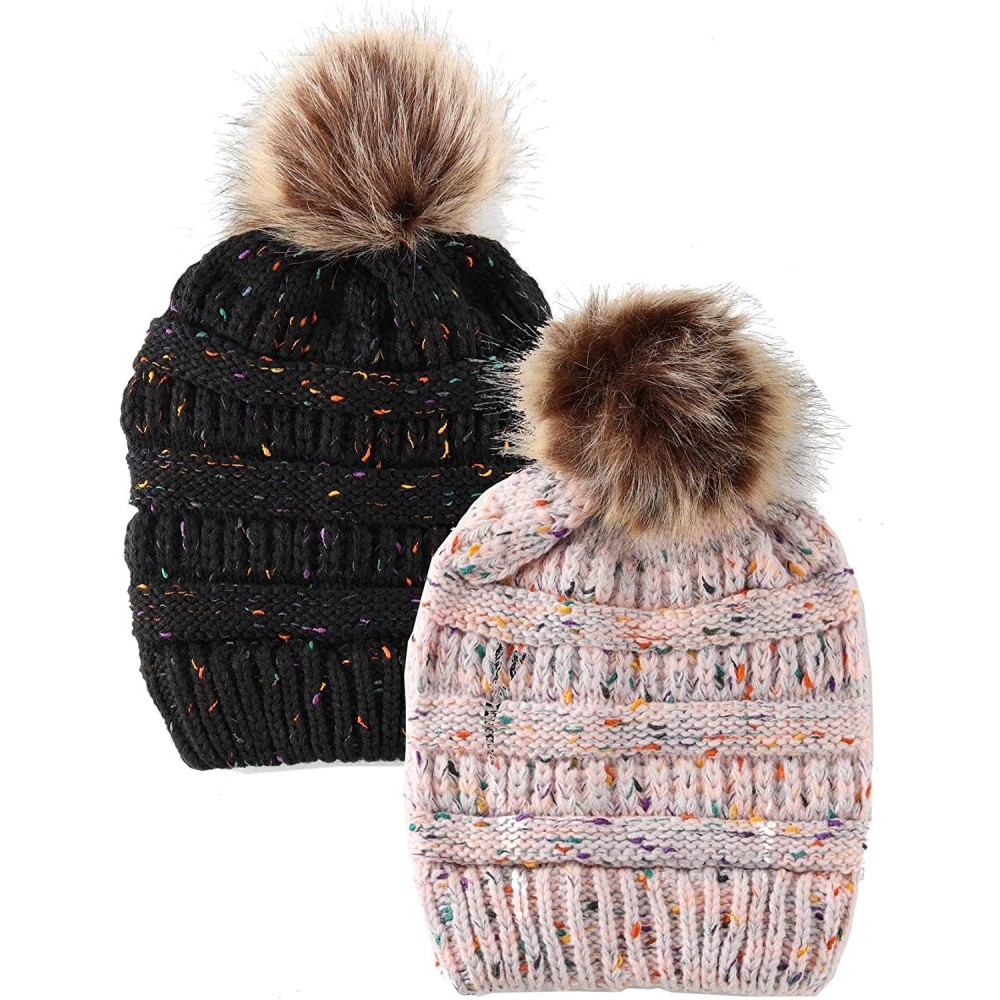 Skullies & Beanies Women's Beanie Faux Fur Pompom Winter Beanie Pom Pom Confetti Cable Knit Ribbed Hat Cap - C918A90NXZ9 $17.64