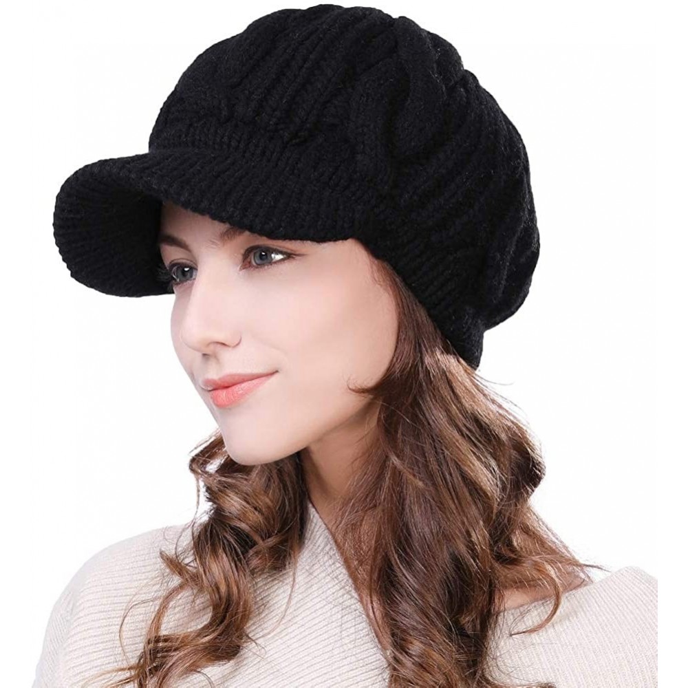 Skullies & Beanies Women's 100% Wool Knit Visor Beanie Newsboy Cap - 10120ablack/Cotton Lined - CP18ZC4I7MW $20.94