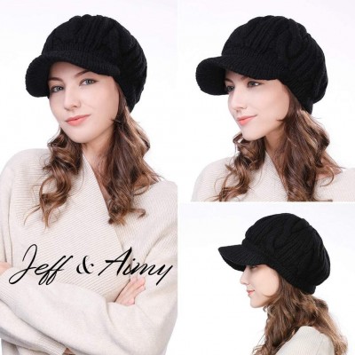 Skullies & Beanies Women's 100% Wool Knit Visor Beanie Newsboy Cap - 10120ablack/Cotton Lined - CP18ZC4I7MW $20.94