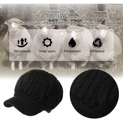 Skullies & Beanies Women's 100% Wool Knit Visor Beanie Newsboy Cap - 10120ablack/Cotton Lined - CP18ZC4I7MW $20.94