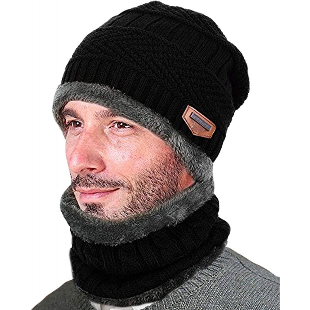 Skullies & Beanies Winter Beanie Hat Scarf Set Warm Knit Hat Thick Skull Cap for Men Women - Black - C218HQWQ3HT $9.55