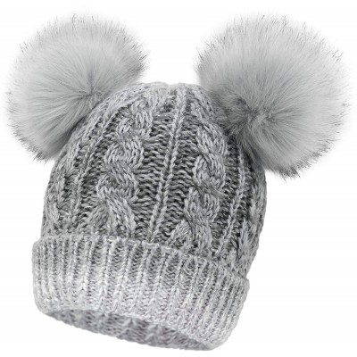 Skullies & Beanies Womens Beanie Winter Cable Knit Faux Fur Pompom Ears Beanie Hat - Grey White - C01924C6DMQ $11.78