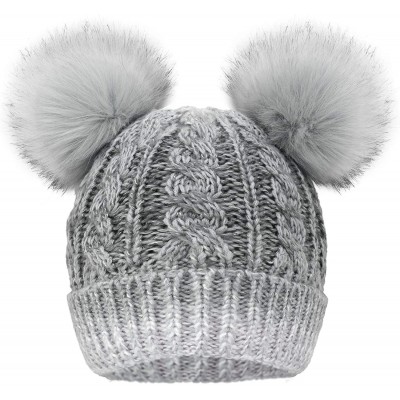 Skullies & Beanies Womens Beanie Winter Cable Knit Faux Fur Pompom Ears Beanie Hat - Grey White - C01924C6DMQ $11.78