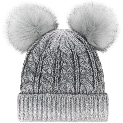 Skullies & Beanies Womens Beanie Winter Cable Knit Faux Fur Pompom Ears Beanie Hat - Grey White - C01924C6DMQ $11.78