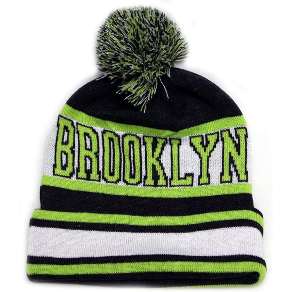 Skullies & Beanies Sk1130 Brooklyn Stripes Pom Pom Beanie Hats - Dark Grey/Neon Lime - CA11PEEQMIX $10.86