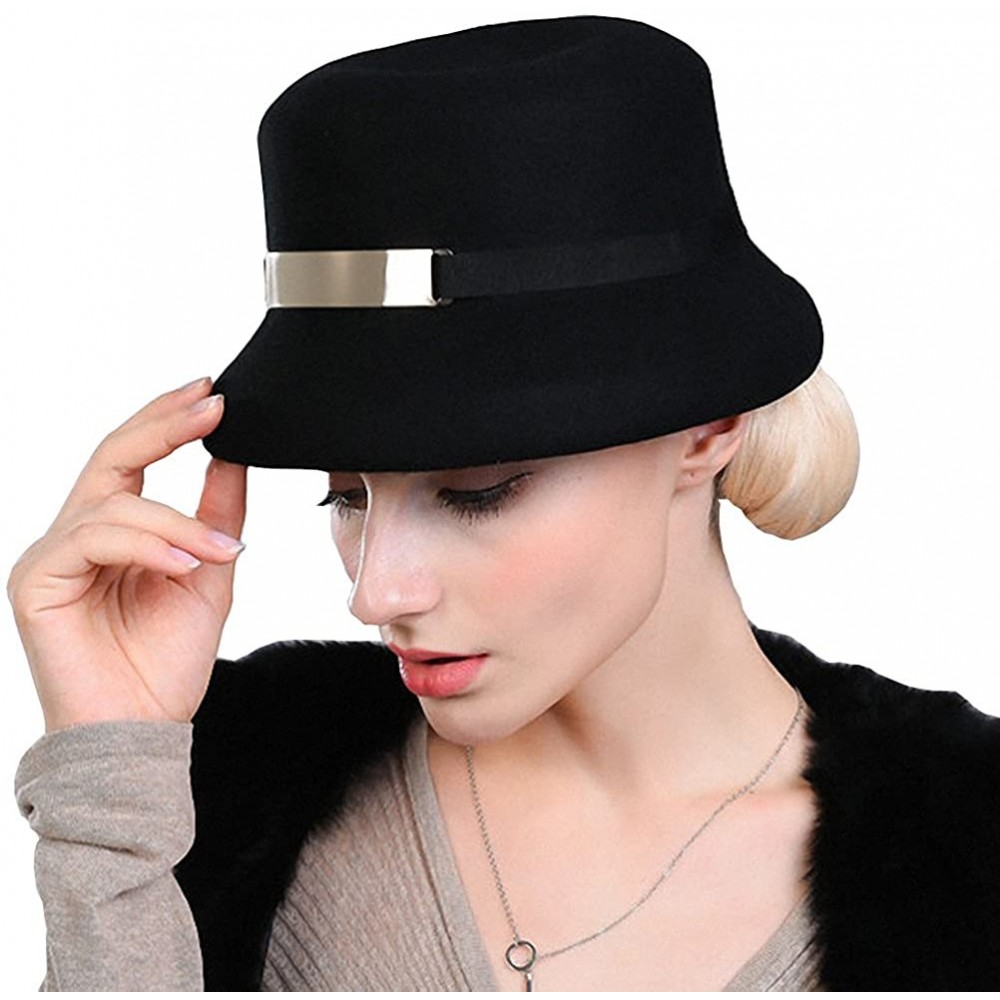 Bucket Hats Women's Metal Belt Wool Felt Bucket Hat - Black - CX12MCI86MN $38.45