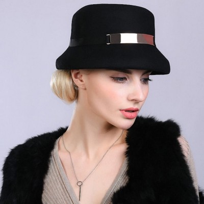 Bucket Hats Women's Metal Belt Wool Felt Bucket Hat - Black - CX12MCI86MN $38.45