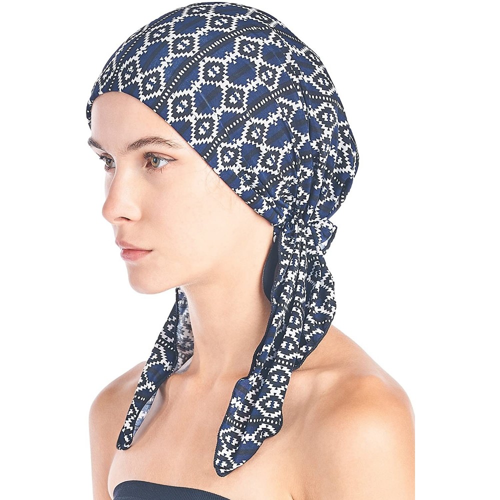 Skullies & Beanies Pre Tied Bandana Turban Chemo Head Scarf Sleep Hair Cover Hat - Navy Aztec - CY187I88SXW $17.62