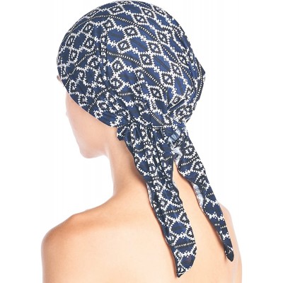 Skullies & Beanies Pre Tied Bandana Turban Chemo Head Scarf Sleep Hair Cover Hat - Navy Aztec - CY187I88SXW $17.62