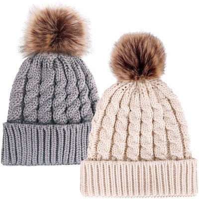 Skullies & Beanies Womens Winter Hand Knit Faux Fur Pompoms Beanie Hat - 2 Pcs Grey/Cream - C311HJGJQD7 $18.50