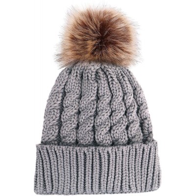 Skullies & Beanies Womens Winter Hand Knit Faux Fur Pompoms Beanie Hat - 2 Pcs Grey/Cream - C311HJGJQD7 $18.50