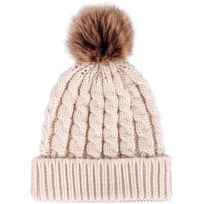 Skullies & Beanies Womens Winter Hand Knit Faux Fur Pompoms Beanie Hat - 2 Pcs Grey/Cream - C311HJGJQD7 $18.50