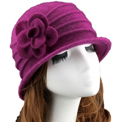 Berets Women 100% Wool Solid Color Round Top Cloche Beret Cap Flower Fedora Hat - 3 Dark Fuschia - CJ186WY2EAR $19.94