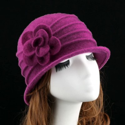 Berets Women 100% Wool Solid Color Round Top Cloche Beret Cap Flower Fedora Hat - 3 Dark Fuschia - CJ186WY2EAR $19.94