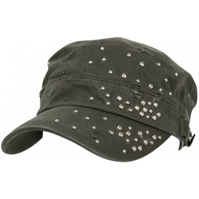 Baseball Caps Distressed Military Silver Round Studs Cadet Cap Flex-fit Army Style Hat - Khaki - CQ11ENSKYUX $32.02